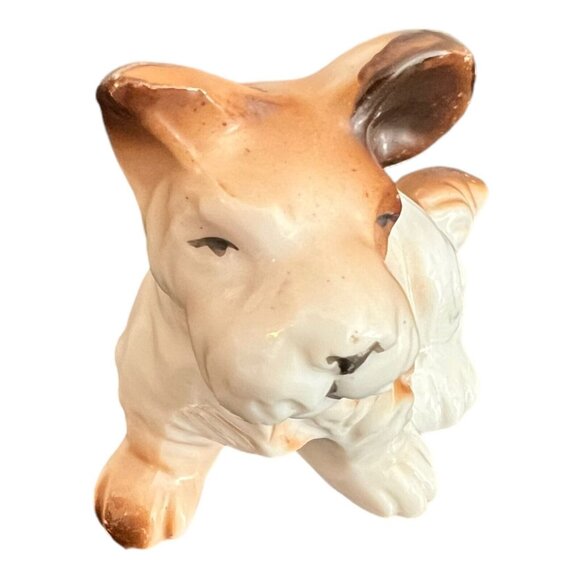 Vintage Ceramic Terrier Dog Figurine 3" White Brown Porcelain Made In Japan - Picture 2 of 6